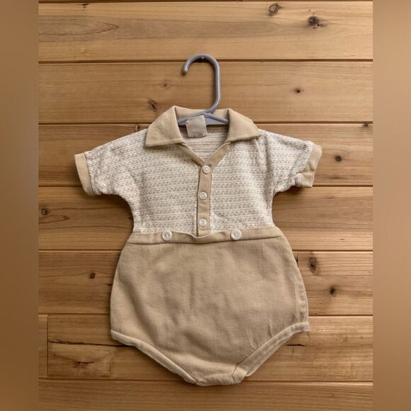 Vintage Baby Boy Newborn Bundle Yellow Blue Tan Collared Romper Outfit - Picture 11 of 16